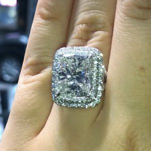 NEW 925 Silver Radiant Cut Huge Diamond Halo Ring